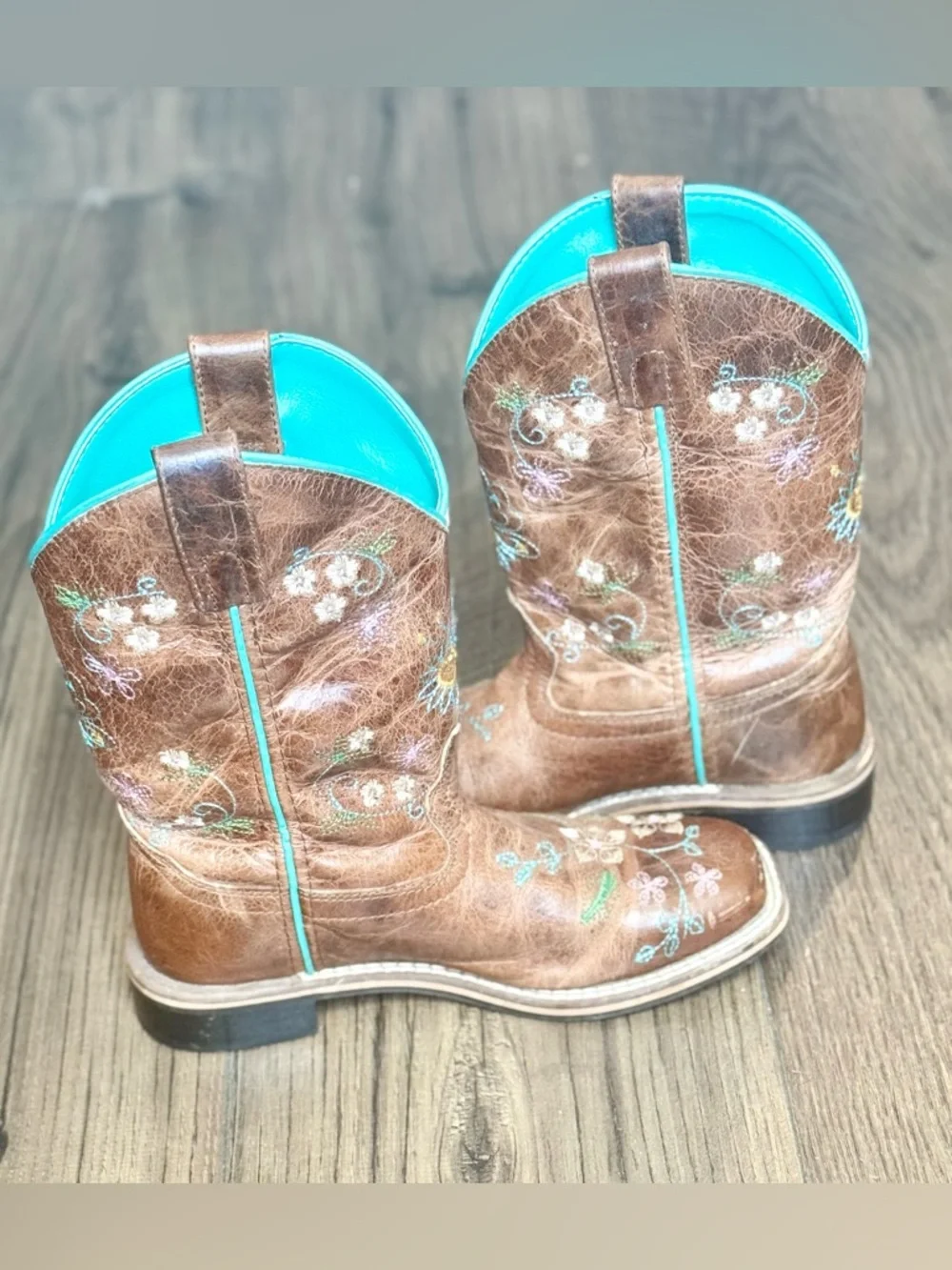 Smokey Mountain Girls Boots Brown/Turquoise Lining and Floral Embroidery Sz 13.5